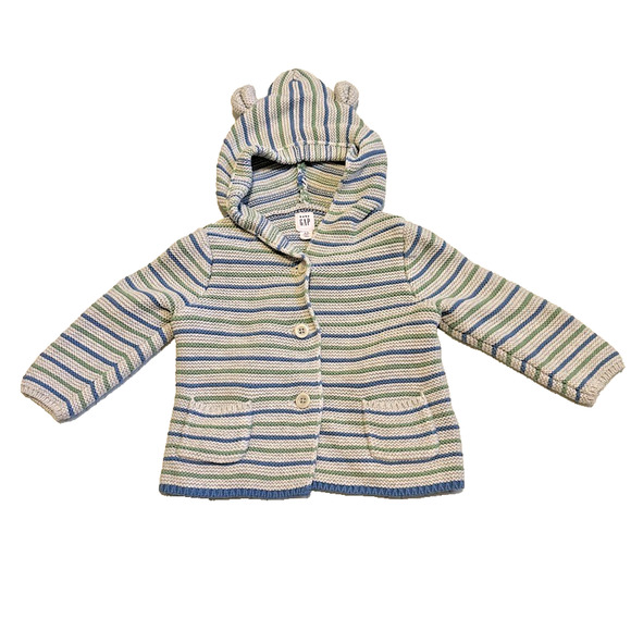 Baby Gap Stripe Bear Hooded Sweater Button Cardigan Size 6-12 months - Picture 1 of 6